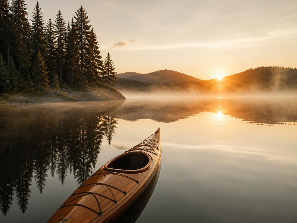A wooden kayak floating on calm misty lake water at sunrise with pine trees reflected.