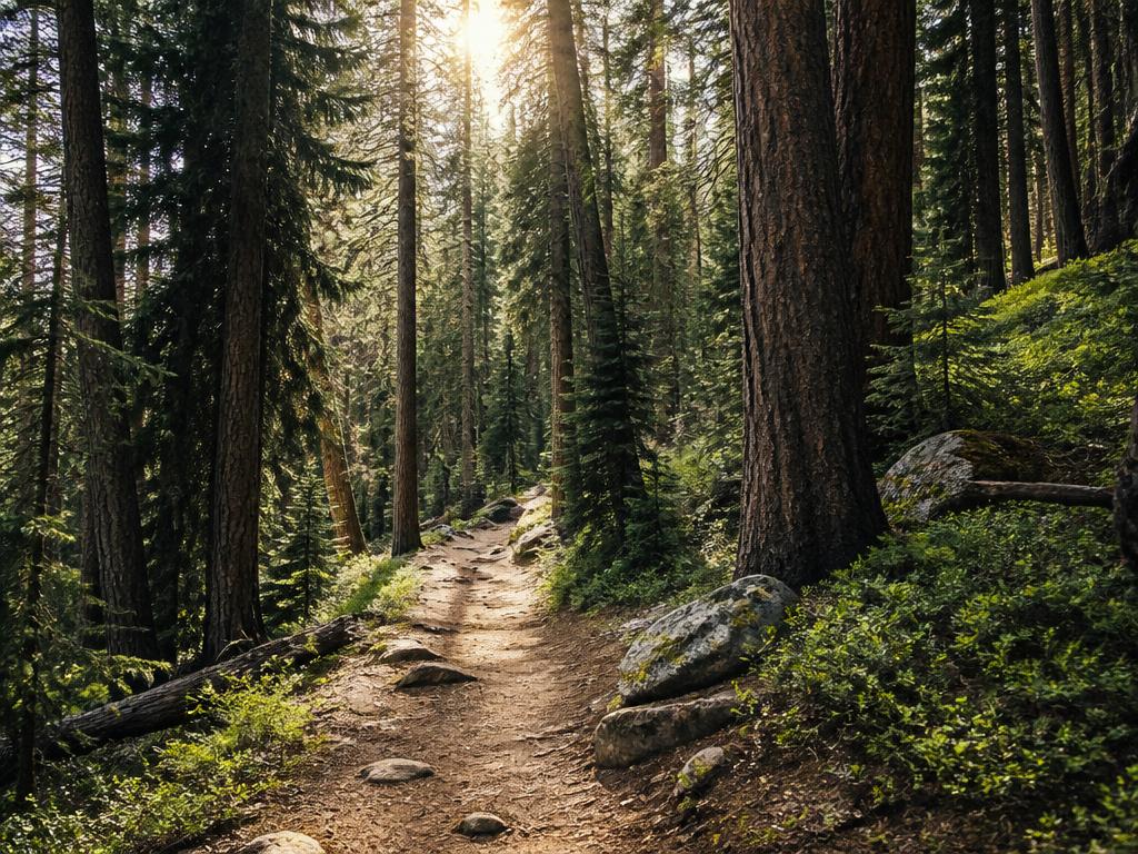 A winding dirt path through a sunlit old-growth pine forest with ferns and rocks.