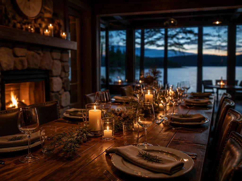 A long candlelit dining table set for an elegant dinner inside a lakeside cabin.