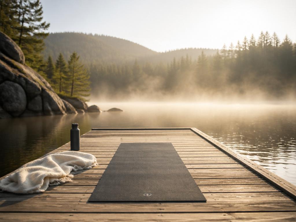 A yoga mat on a wooden dock over a calm misty lake surrounded by pine forest.