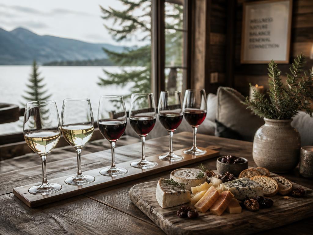 A wine tasting flight and artisan cheese board on a rustic wooden table with lake view.