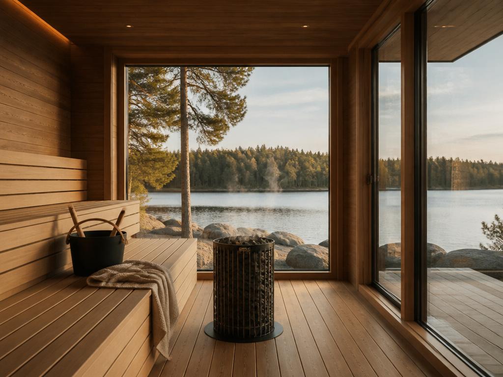 A warm cedar sauna interior with large windows overlooking a calm lake and forest.